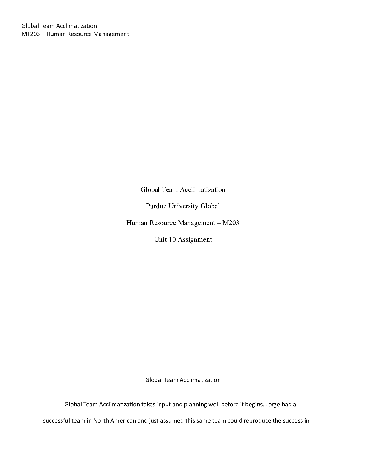 Preview image for M230 HRMUnit 10 Assignment.docx    Global Team Acclimatization  Purdue University Global